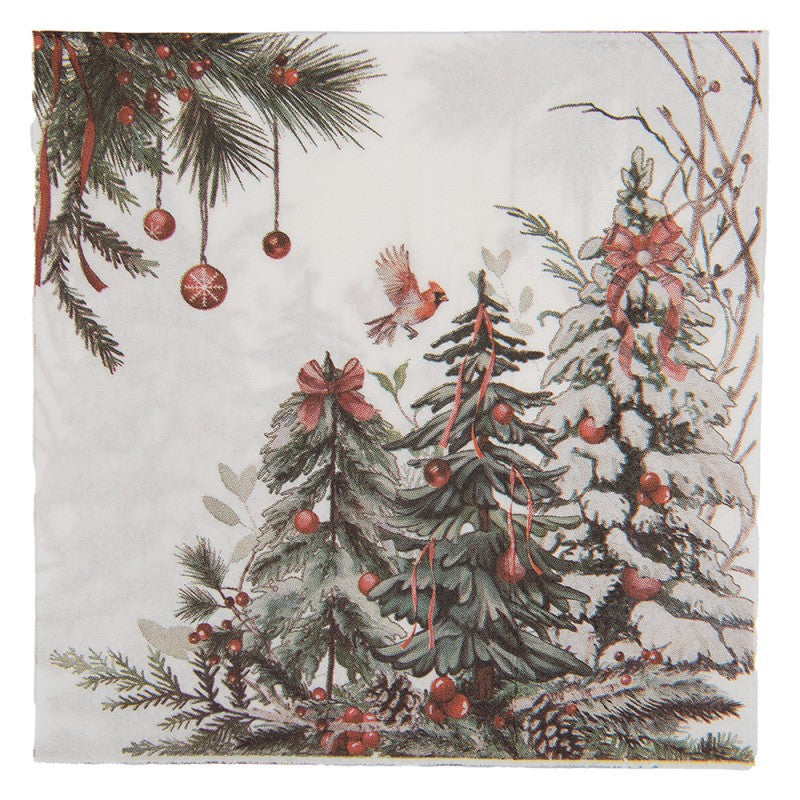 Papierservietten 20er-Set Winterwald Tannenbäume Kardinal Weiß-Rot 33x33 cm von Clayre & Eef (73143)