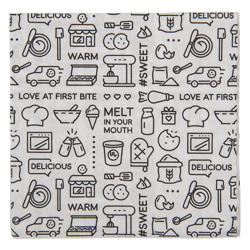 Papierservietten 20er-Set Bakery Kitchen Doodles Schwarz-Weiß 33x33 cm von Clayre & Eef (73149)