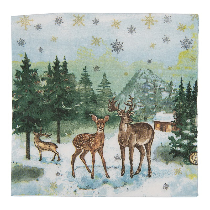 Papierservietten 20er-Set Hirsch Rehkitz Berghütte Winter Grün-Braun 33x33 cm von Clayre & Eef (73150)