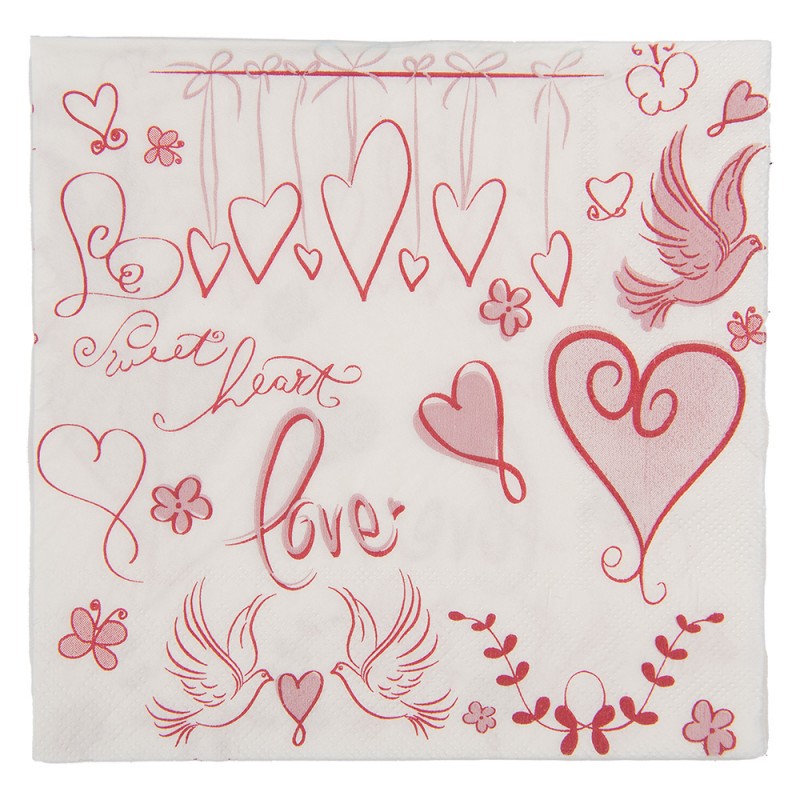 Papierservietten 20er-Set Herzen Turteltauben Love Weiß-Rosa 33x33 cm von Clayre & Eef (73155)
