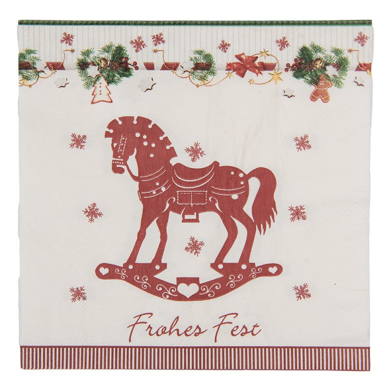 Papierservietten 20er-Set Schaukelpferd Frohes Fest Rot-Weiß 33x33 cm von Clayre & Eef (73157)