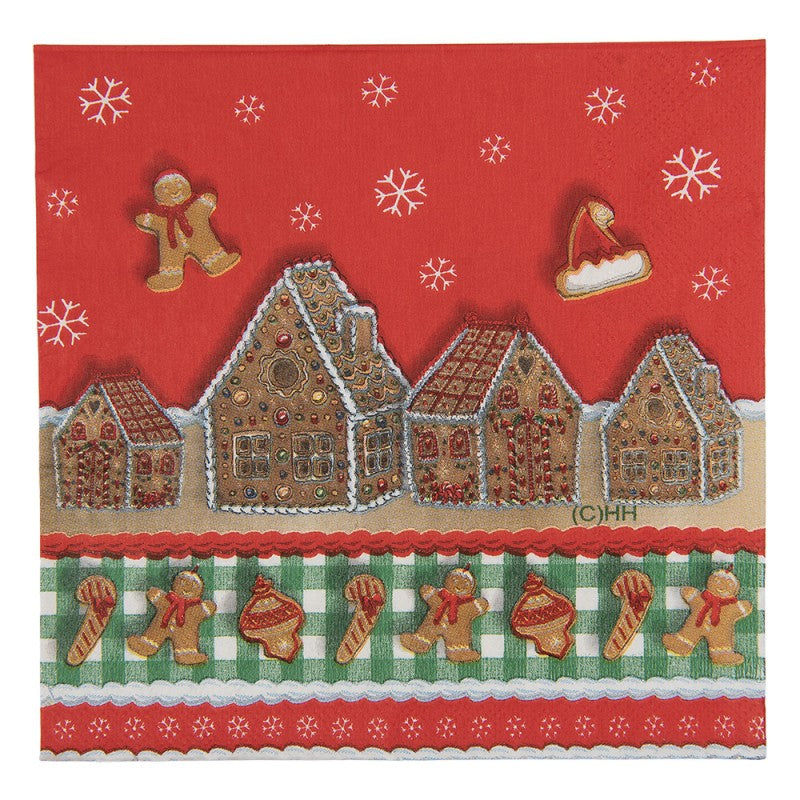 Papierservietten 20er-Set Lebkuchenhaus Dorf Rot-Grün 33x33 cm von Clayre & Eef (73159)