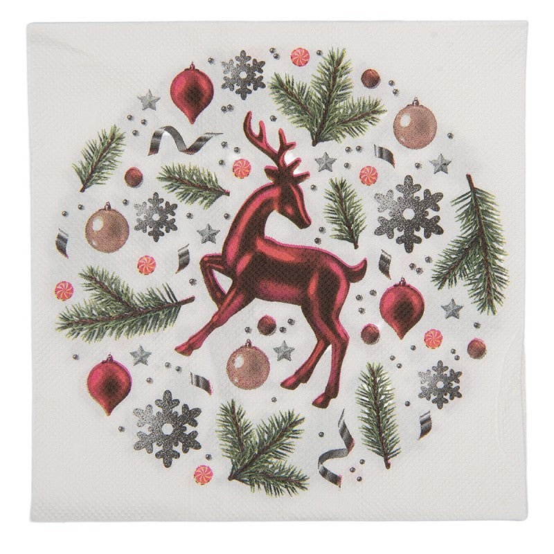 Papierservietten 20er-Set Rentier Weihnachtskranz Weiß-Rot 33x33 cm von Clayre & Eef (73168)