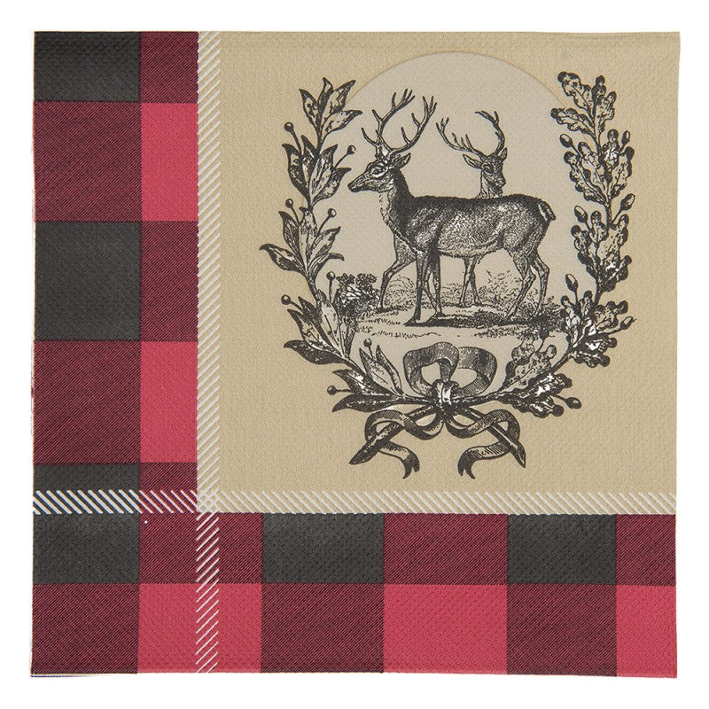 Papierservietten 20er-Set Hirsche Eichenkranz Schottenkaro Rot-Beige 33x33 cm von Clayre & Eef (73169)