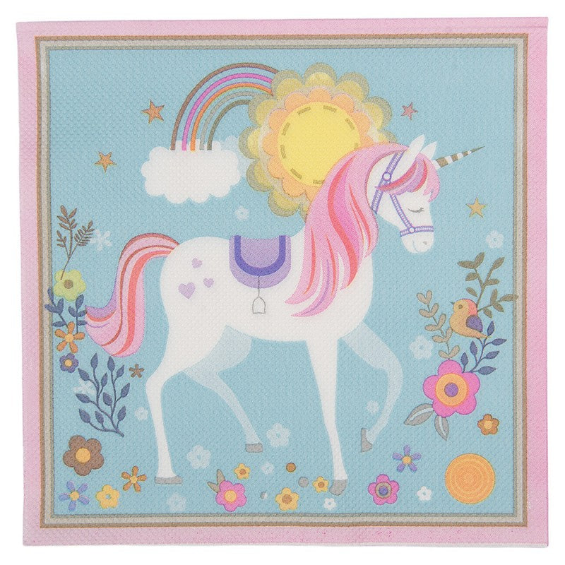 Papierservietten 20er-Set Einhorn Regenbogen Blumen Hellblau-Rosa 33x33 cm von Clayre & Eef (73172)