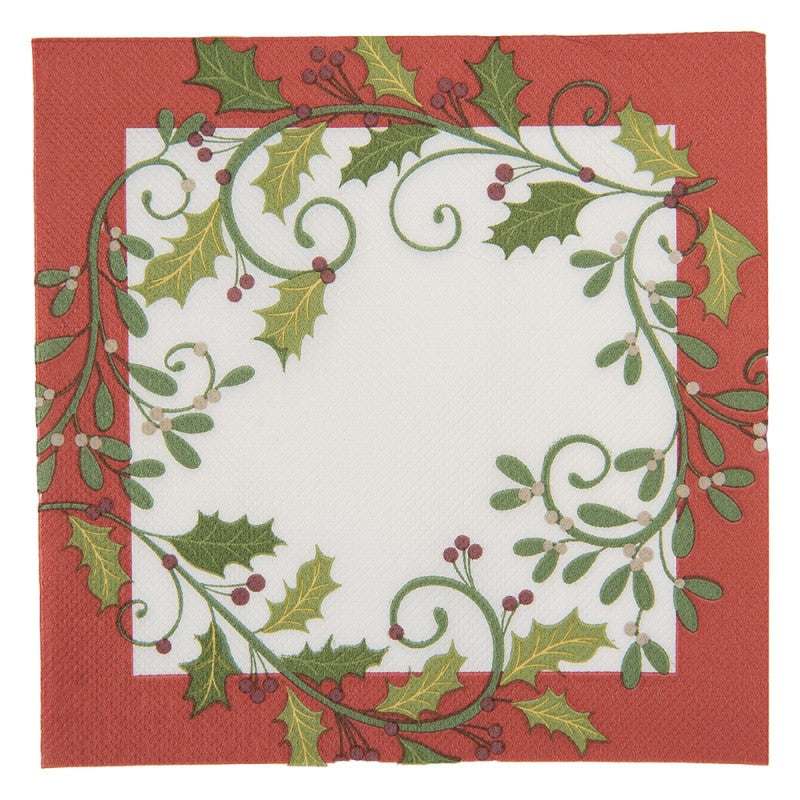 Papierservietten 20er-Set Stechpalme Mistelzweige Kranz Rot-Weiß 33x33 cm von Clayre & Eef (73176)