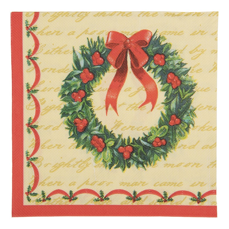 Papierservietten 20er-Set Weihnachtskranz Liedtext Schleife Rot-Gelb 33x33 cm von Clayre & Eef (73179)