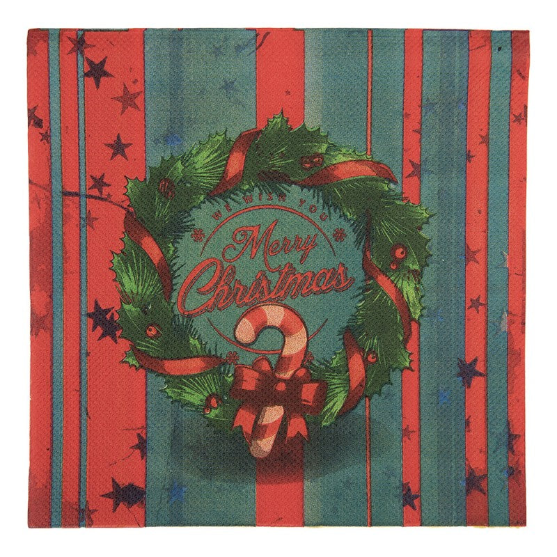 Papierservietten 20er-Set Weihnachtskranz Zuckerstange Gestreift Rot-Petrol 33x33 cm von Clayre & Eef (73183)