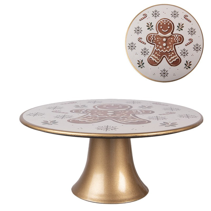 Tortenplatte auf Fuß Lebkuchenmann Schneeflocken Gold Ø 22x10 cm von Clayre & Eef (CGM86)