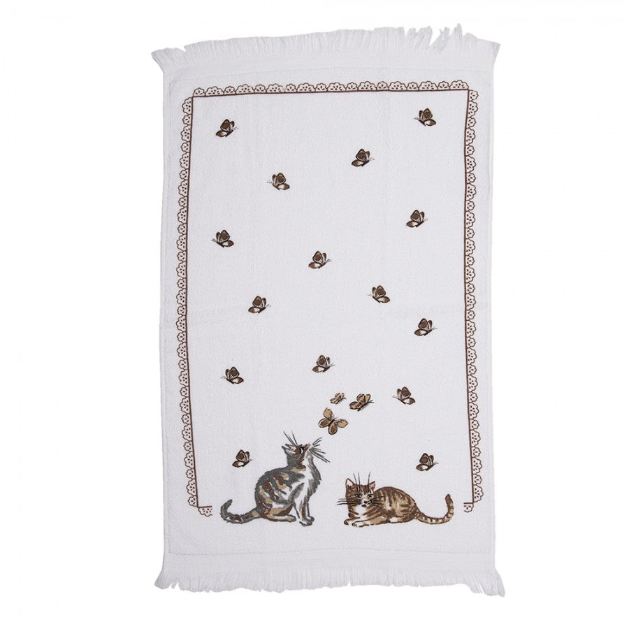 Landhaus-Gästehandtuch Katzen & Schmetterlinge Weiß-Braun 100 % Baumwolle mit Fransen 40x66 cm von Clayre & Eef (CT014)
