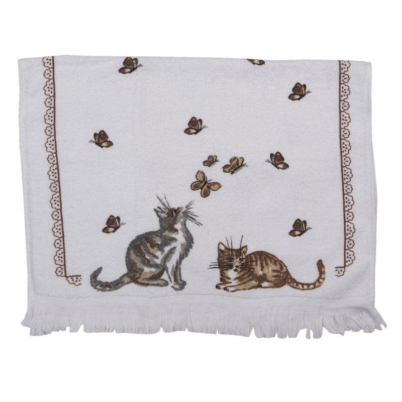 Landhaus-Gästehandtuch Katzen & Schmetterlinge Weiß-Braun 100 % Baumwolle mit Fransen 40x66 cm von Clayre & Eef (CT014)