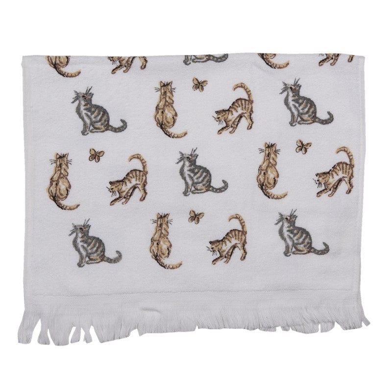 Landhaus-Gästehandtuch Katzen Allover-Muster Weiß-Grau 100 % Baumwolle mit Fransen 40x66 cm von Clayre & Eef (CT015)