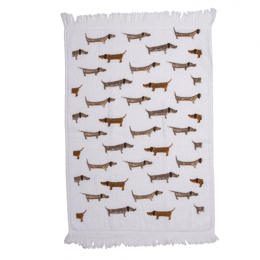Landhaus-Gästehandtuch Dackel Allover-Muster Weiß-Braun 100 % Baumwolle mit Fransen 40x66 cm von Clayre & Eef (CT017)