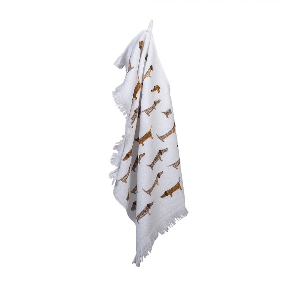 Landhaus-Gästehandtuch Dackel Allover-Muster Weiß-Braun 100 % Baumwolle mit Fransen 40x66 cm von Clayre & Eef (CT017)