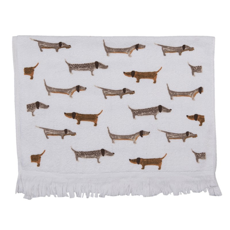 Landhaus-Gästehandtuch Dackel Allover-Muster Weiß-Braun 100 % Baumwolle mit Fransen 40x66 cm von Clayre & Eef (CT017)