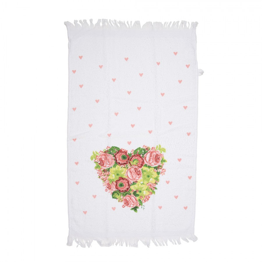 Landhaus-Gästehandtuch Blumenherz & Rosa Streuherzen 100 % Baumwolle mit Fransen 40x66 cm von Clayre & Eef (CT033)