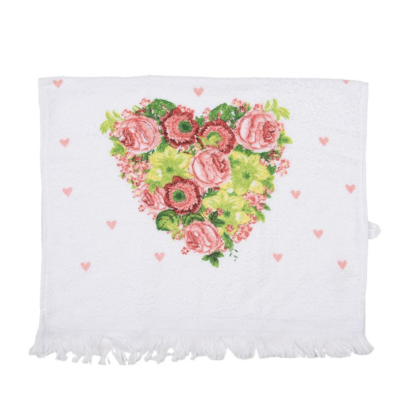 Landhaus-Gästehandtuch Blumenherz & Rosa Streuherzen 100 % Baumwolle mit Fransen 40x66 cm von Clayre & Eef (CT033)