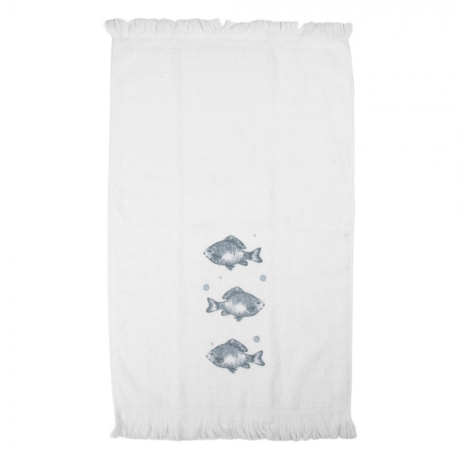 Maritimes Landhaus-Gästehandtuch Drei Fische Weiß-Blau 100 % Baumwolle mit Fransen 40x66 cm von Clayre & Eef (CT034)