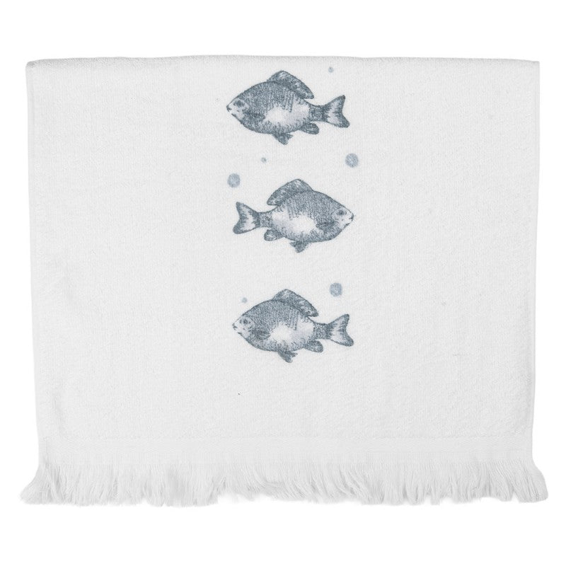 Maritimes Landhaus-Gästehandtuch Drei Fische Weiß-Blau 100 % Baumwolle mit Fransen 40x66 cm von Clayre & Eef (CT034)