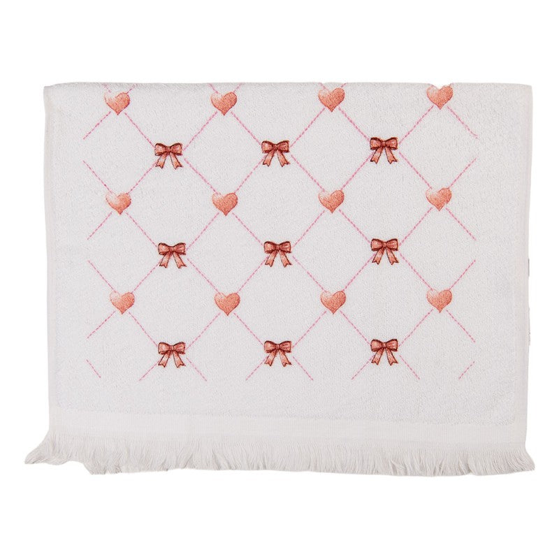 Landhaus-Gästehandtuch Rautenmuster Herzen & Schleifen Rosa-Weiß 100 % Baumwolle mit Fransen 40x66 cm von Clayre & Eef (CT037)