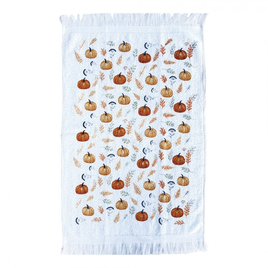 Landhaus-Gästehandtuch Kürbis-Allover Herbst & Halloween Weiß-Orange 100 % Baumwolle mit Fransen 40x66 cm von Clayre & Eef (CT038)