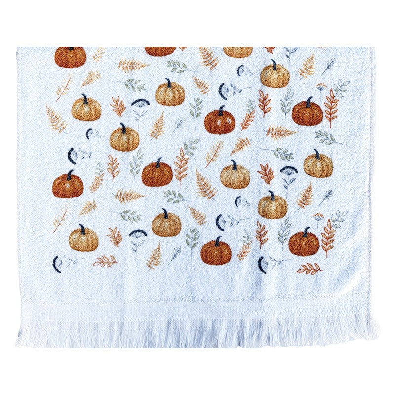Landhaus-Gästehandtuch Kürbis-Allover Herbst & Halloween Weiß-Orange 100 % Baumwolle mit Fransen 40x66 cm von Clayre & Eef (CT038)
