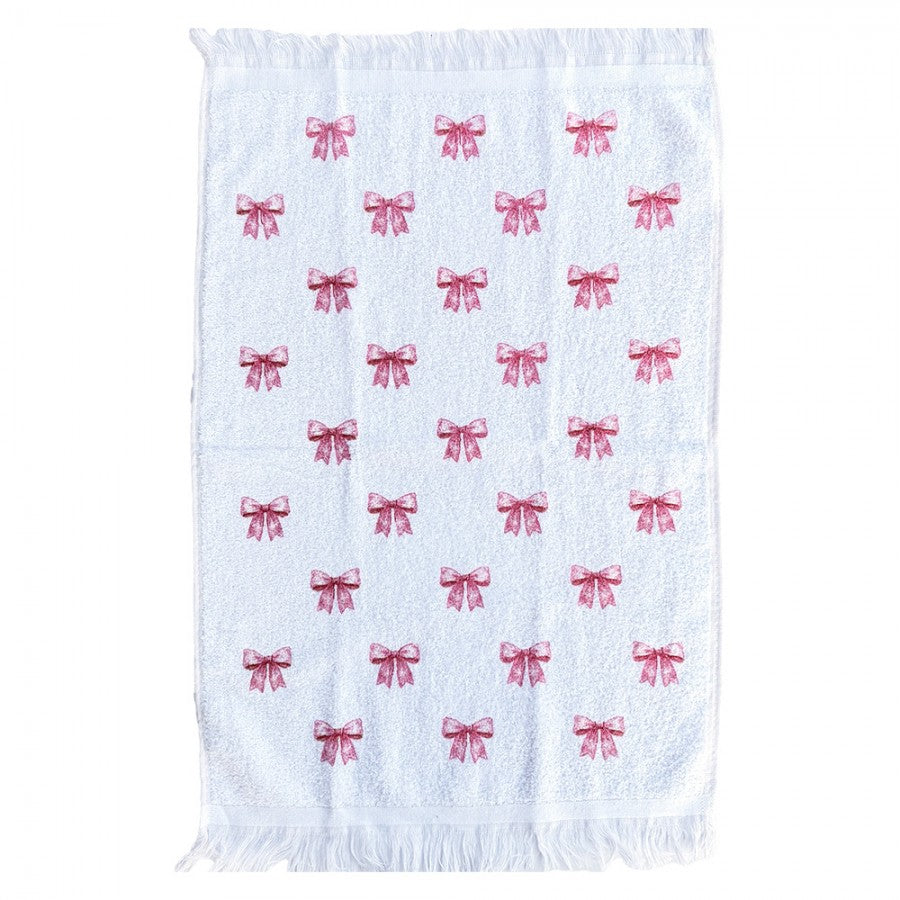 Landhaus-Gästehandtuch Rosa Schleifen Allover 100 % Baumwolle mit Fransen 40x66 cm von Clayre & Eef (CT040)