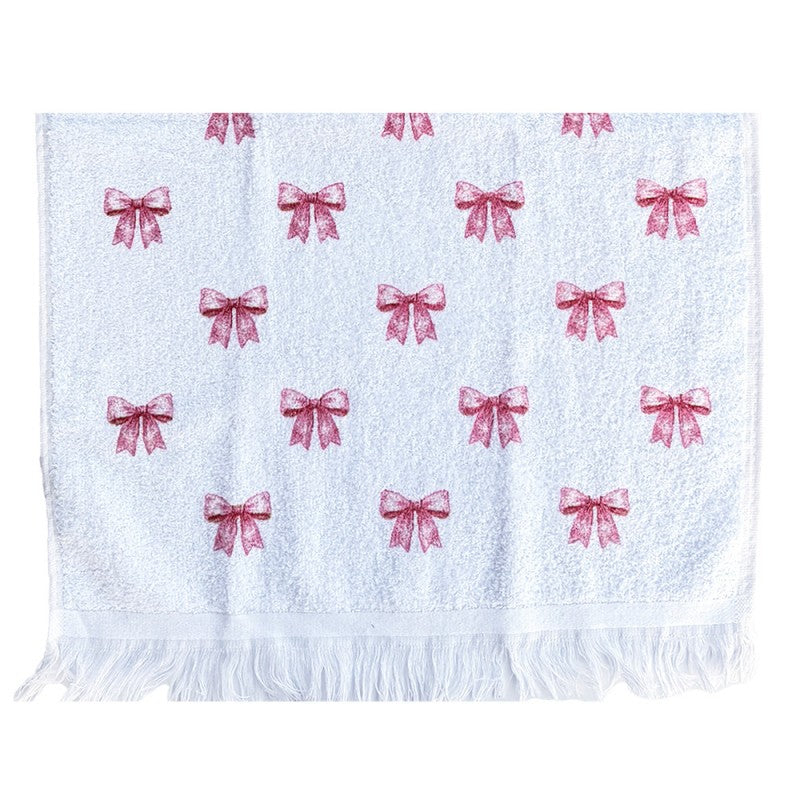 Landhaus-Gästehandtuch Rosa Schleifen Allover 100 % Baumwolle mit Fransen 40x66 cm von Clayre & Eef (CT040)