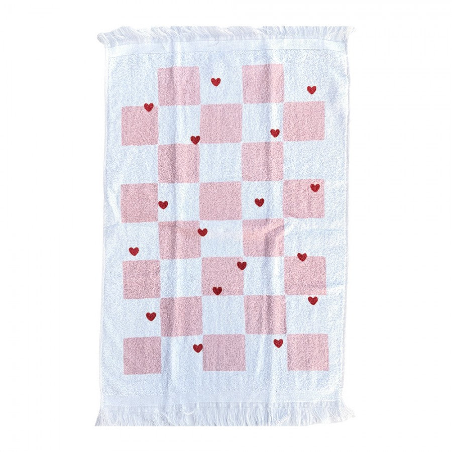 Landhaus-Gästehandtuch Schachbrett Karo Rosa-Weiß mit roten Herzen 100 % Baumwolle mit Fransen 40x66 cm von Clayre & Eef (CT041)