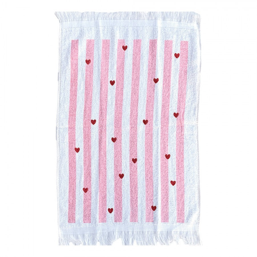 Landhaus-Gästehandtuch Rosa Streifen mit roten Herzen 100 % Baumwolle mit Fransen 40x66 cm von Clayre & Eef (CT044)