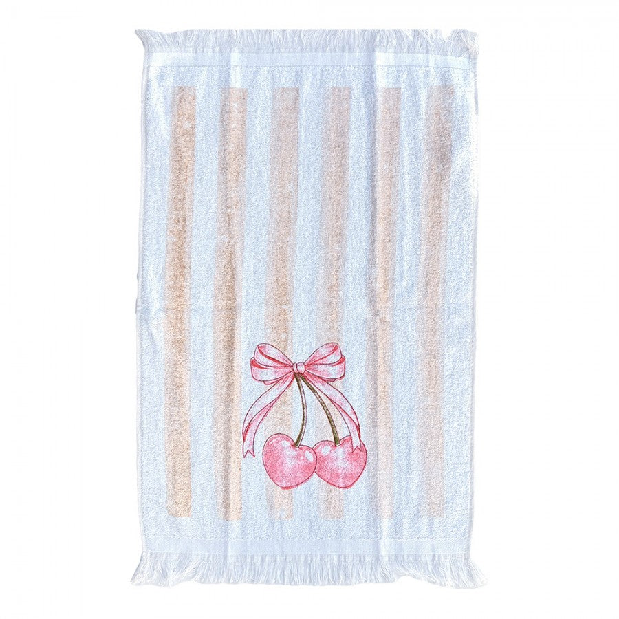 Landhaus-Gästehandtuch Herzkirschen mit rosa Schleife & Sandstreifen 100 % Baumwolle mit Fransen 40x66 cm von Clayre & Eef (CT045)