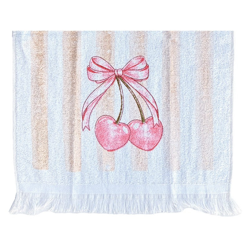 Landhaus-Gästehandtuch Herzkirschen mit rosa Schleife & Sandstreifen 100 % Baumwolle mit Fransen 40x66 cm von Clayre & Eef (CT045)
