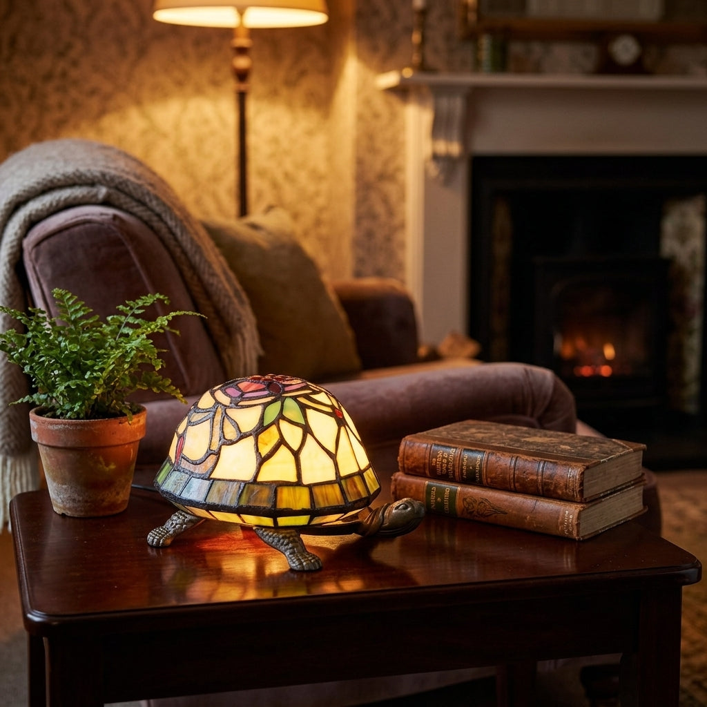 LumiLamp Tiffany Tischleuchte Schildkröte 21x15x11 cm – Handgefertigte Tierfigur Lampe Mehrfarbig | E14