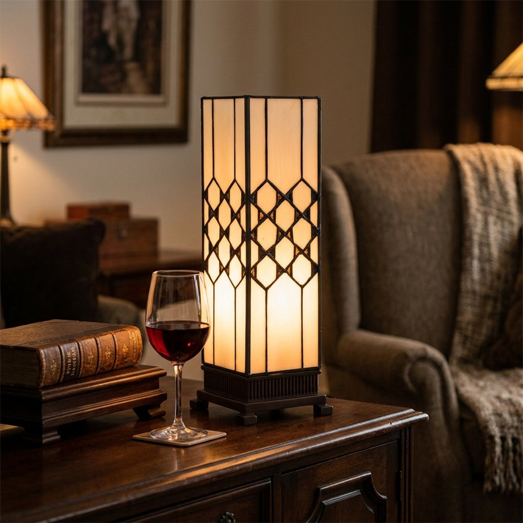 LumiLamp Tiffany Tischleuchte Lichtsäule 15x15x43 cm – Handgefertigte Art Déco Säulenlampe Creme-Weiß | E27