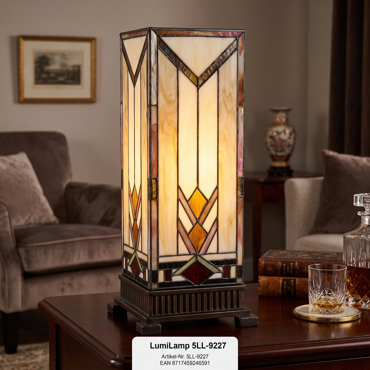 LumiLamp Tiffany Tischleuchte Lichtsäule 18x18x45 cm – Handgefertigte Art Déco Säulenlampe Beige & Bernstein | E27