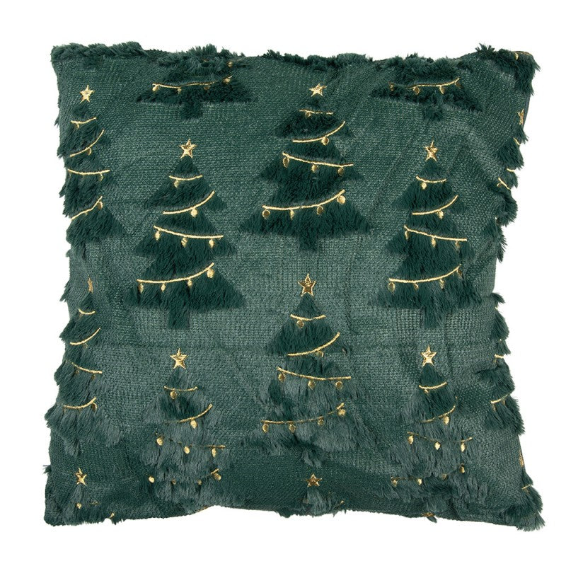 Strukturkissen gefüllt Tannenbäume Fransen Grün-Gold 45x45x4 cm von Clayre & Eef (KG023.133)