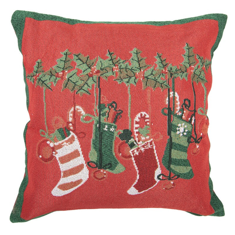 Jacquard Kissen gefüllt Weihnachtsstrümpfe Rot-Grün 44x44x4 cm von Clayre & Eef (KG023.144)