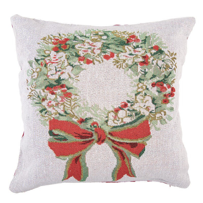 Jacquard Kissen gefüllt Festkranz Rot-Grün-Beige 44x44x4 cm von Clayre & Eef (KG023.146)