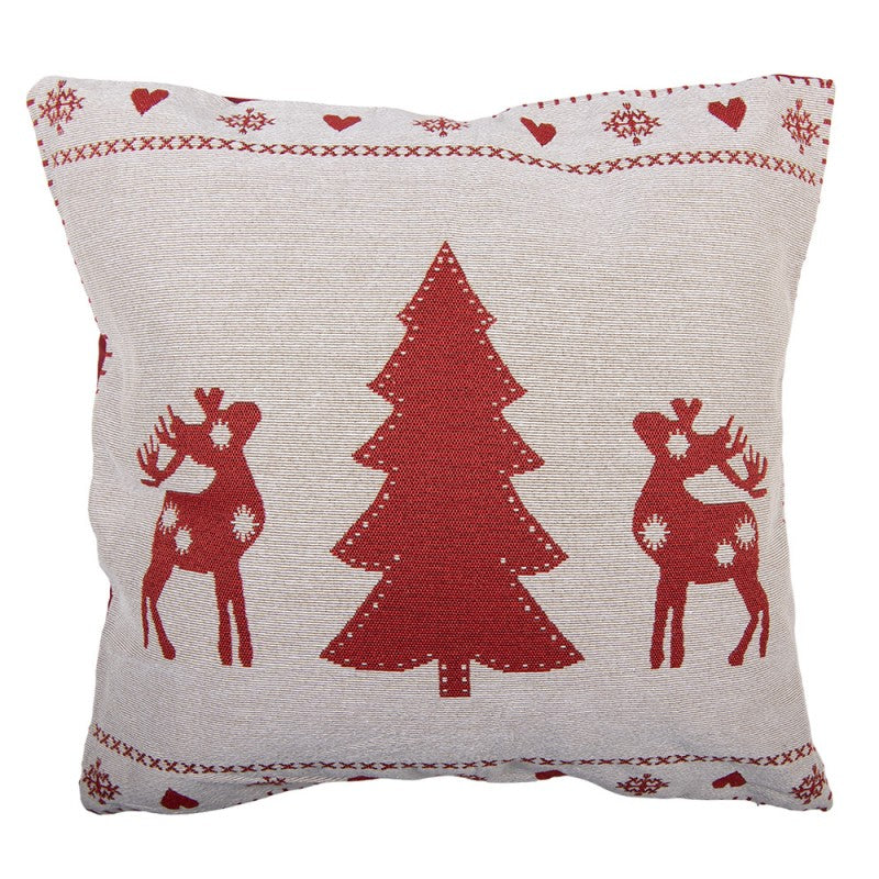Jacquard Kissen gefüllt Tannenbaum Hirsche Rentiere Rot-Beige 44x44x4 cm von Clayre & Eef (KG023.148)