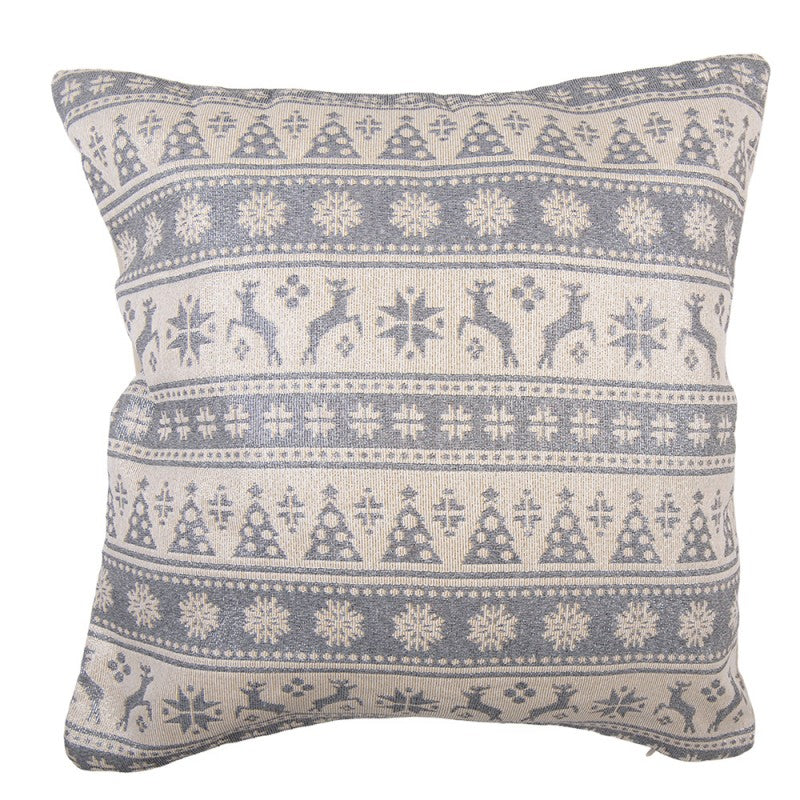 Jacquard Kissen gefüllt Nordisch Rentiere Sterne Tannenbäume Beige-Blau 44x44x4 cm von Clayre & Eef (KG023.156)