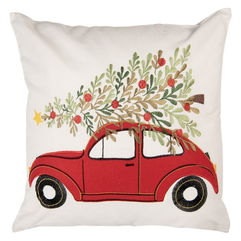 Clayre & Eef Dekokissen Roter VW Käfer mit Weihnachtsbaum Filz-Applikation & Stickerei 44 × 44 × 4 cm (KG023.159)