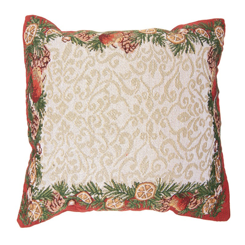 Jacquard Kissen gefüllt Dekorrand Orangen & Tannenzweige Beige 45x45x4 cm von Clayre & Eef (KG023.165)