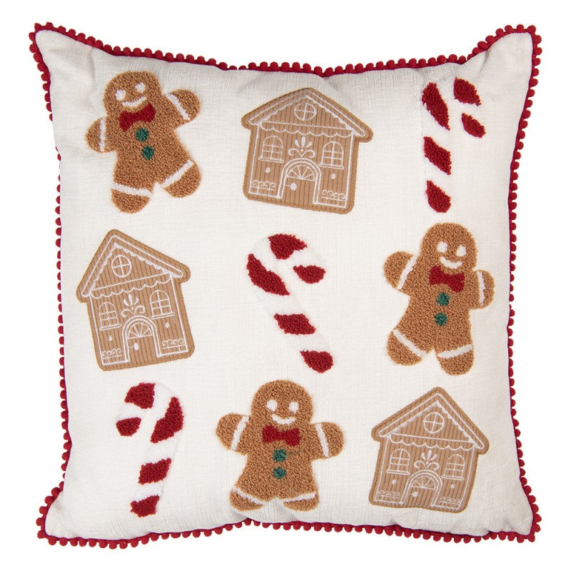 Clayre & Eef Dekokissen Lebkuchen-Dorf Struktur-Canvas mit Bestickten Cord-Häusern & Tufting 40 × 40 × 4 cm (KG023.179)