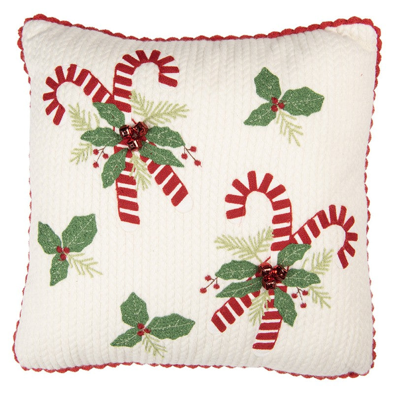 Clayre & Eef Dekokissen Gekreuzte Zuckerstangen Gesteppter Cord mit 3D-Ilex & Echten Metallglöckchen 40 × 40 × 4 cm (KG023.184)