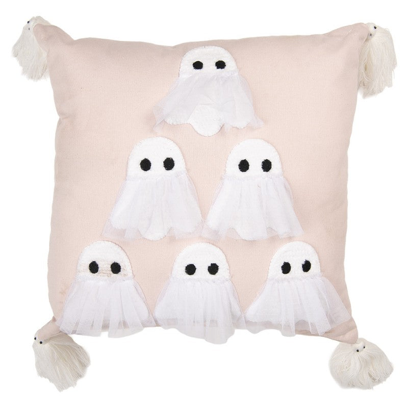 Clayre & Eef Dekokissen Gespenster Spooky Chic 3D-Tüll-Überwurf & Bestickte Geister-Quasten 40 × 40 × 10 cm (KG023.185)