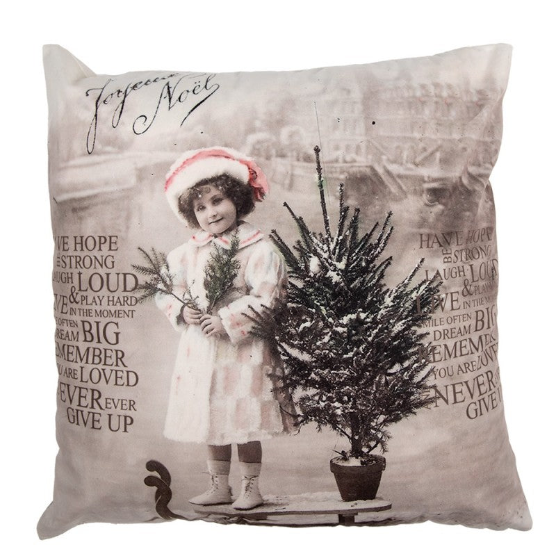 Clayre & Eef Dekokissen 1920er Vintage Mädchen in Winterlandschaft mit Tannenbaum 45 × 45 × 4 cm (KG023.211)