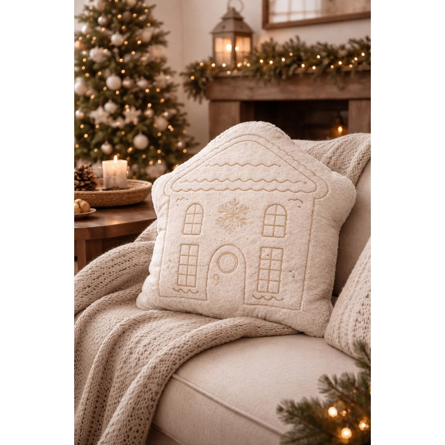 Clayre & Eef Dekokissen Verschneites Winterhaus Bouclé-Teddyfell mit Lurex-Goldstickerei & 10 cm Steg 45 × 40 × 10 cm (KG035.008)