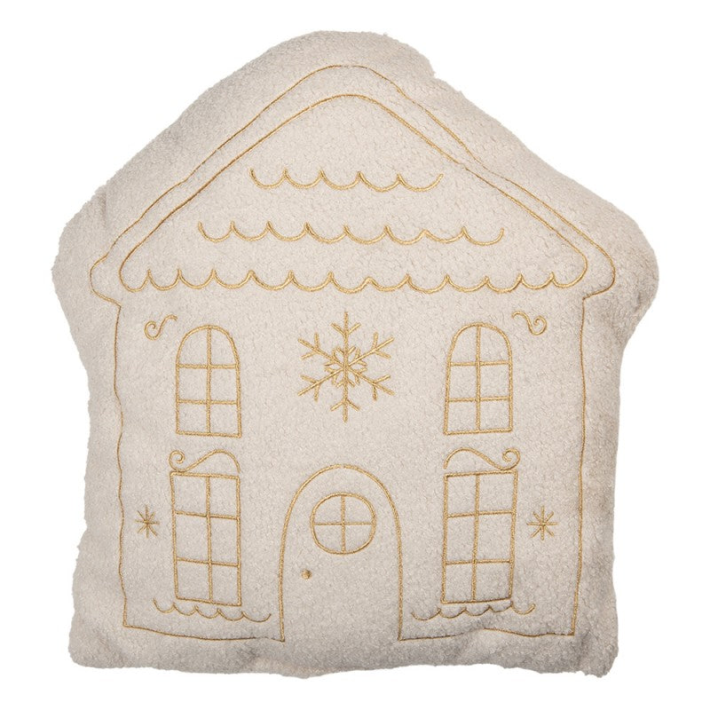 Clayre & Eef Dekokissen Verschneites Winterhaus Bouclé-Teddyfell mit Lurex-Goldstickerei & 10 cm Steg 45 × 40 × 10 cm (KG035.008)