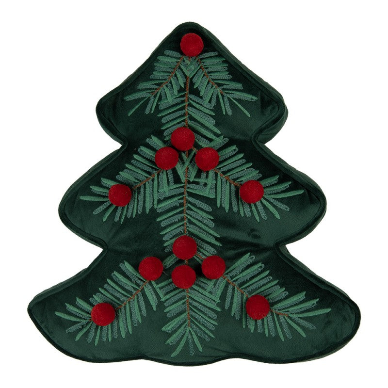Clayre & Eef Dekokissen Tannenbaum Edelsamt Bestickt mit 3D-Pompom-Kugeln & Stegrand 36 × 40 × 4 cm (KG035.038)