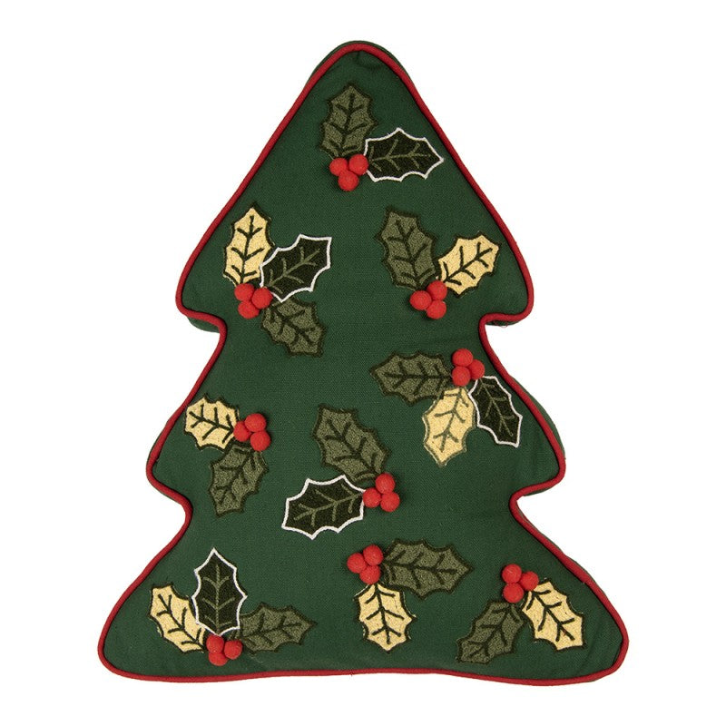Clayre & Eef Dekokissen Tannenbaum Bestickt mit Ilex-Blättern 3D-Pompoms & Konturpaspel 38 × 40 × 4 cm (KG035.045)